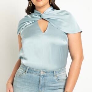 NWT Eloquii Light Blue Twist Neckline Satin Blouse Size 14